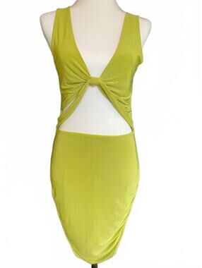 Sabora Lime Green Bodycon Cutout Knot Front Midi Dress Polyester Spandex Large